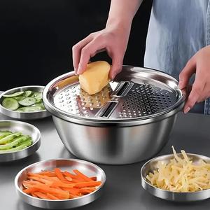 Juego de cocina de acero inoxidable, 1 set que incluye rallador, cesta escurridora y cuenco para mezclar, utensilios de cocina multifuncionales para frutas y verduras