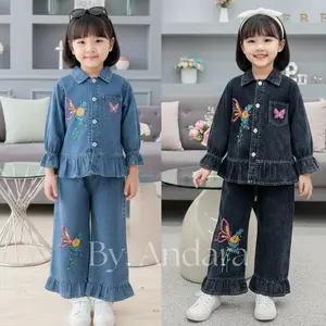 Stelan Baju Nayyara Jins Bordir Bunga Farian + Pita Kupu Kupu anak Perempuan Usia 3 - 10 Tahun Model Nayyara Full Jeans Mix Bordir Bunga Koreans Style Celana Jeans Usia 3 - 10 Tahun Set Bordir Love Model kekinian Korean Style terbaru 2026
