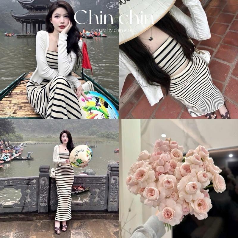 Set Bộ Áo Quây Mix Chân Váy Dáng Dài - Chất Kẻ Tăm Mêm , Co Giãn Ôm Fit Body - Mynk Store