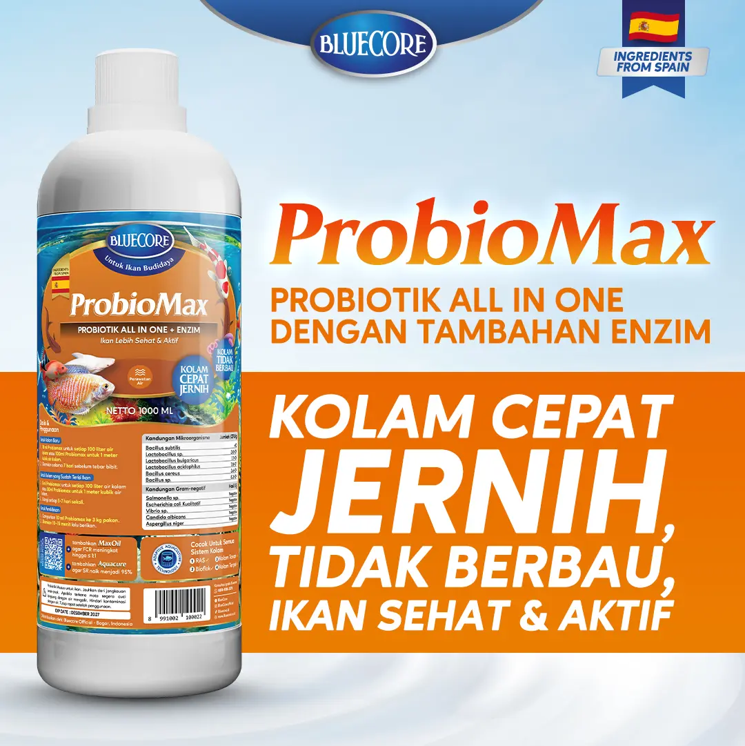 BlueCore Probiomax probiotik ikan penstabil air dengan tambahan Enzim, Sebagai Bakteri Starter pada kolam ikan untuk Pengurai Amonia (Cocok untuk Ikan Gurame, Ikan Lele, Ikan Nila, Ikan Patin dan Ikan Koi)