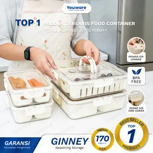 Youware - Ginney Food Container / Kotak Plastik penyimpanan makanan ringan Tempat makan bumbu dapur Wadah penyimpanan makanan di kulkas dengan tutup karet seal kedap udara Food  kotak penyimpanan di kulkas  1 set 5 1 fridge storage organizer