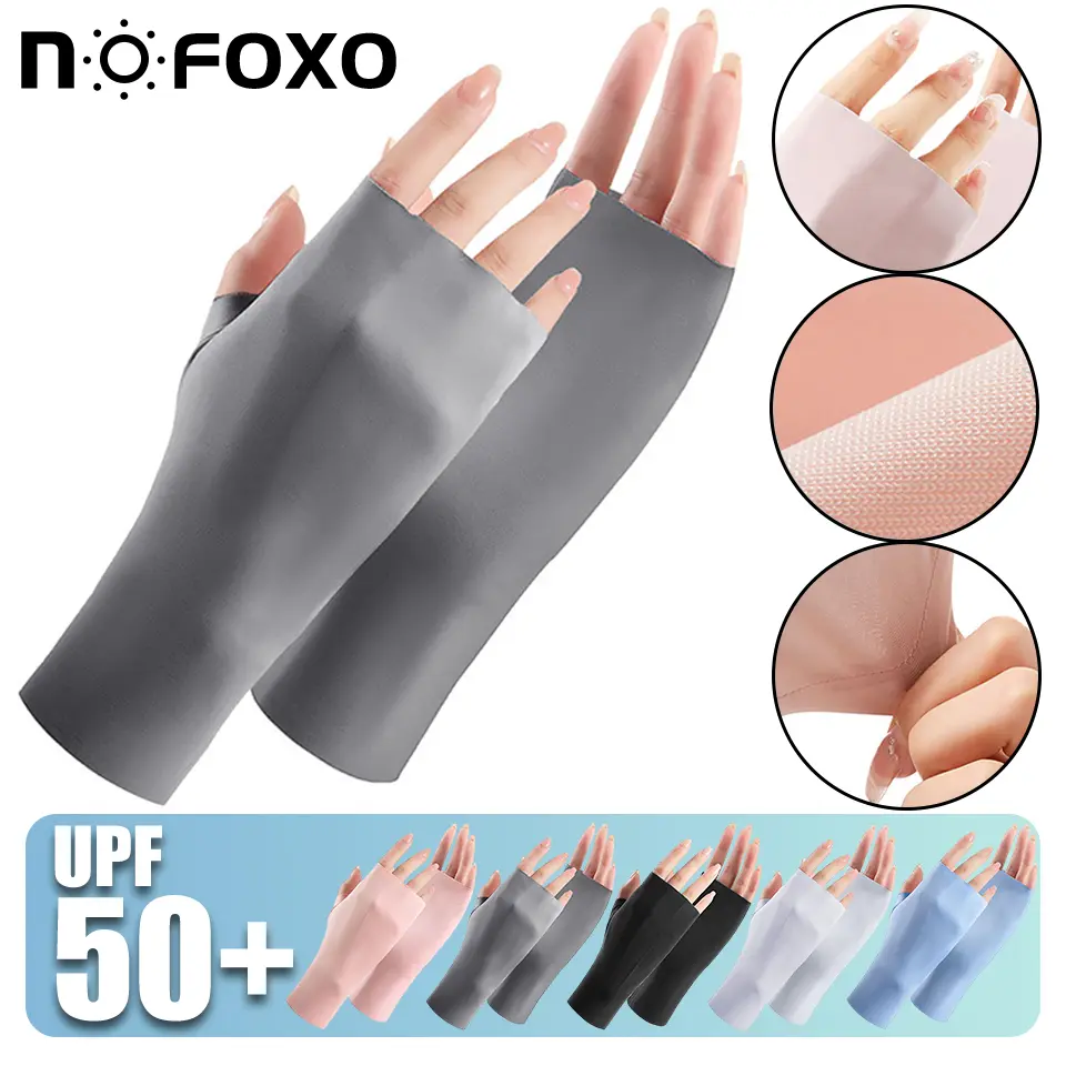 NOFOXO UPF50+ Fashion Ice Silk Sun Protection Gloves Women Outdoor Sports Breathable Elastic Half Finger Cycling Driving Mittens