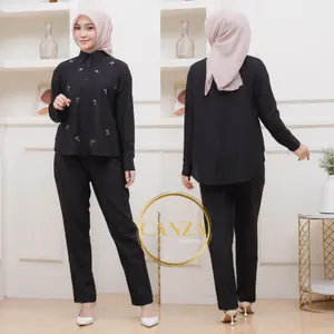 Canza - Kemeja Linen Wanita Kemeja Basic Blouse Atasan Muslim Motif Bordir Cantik