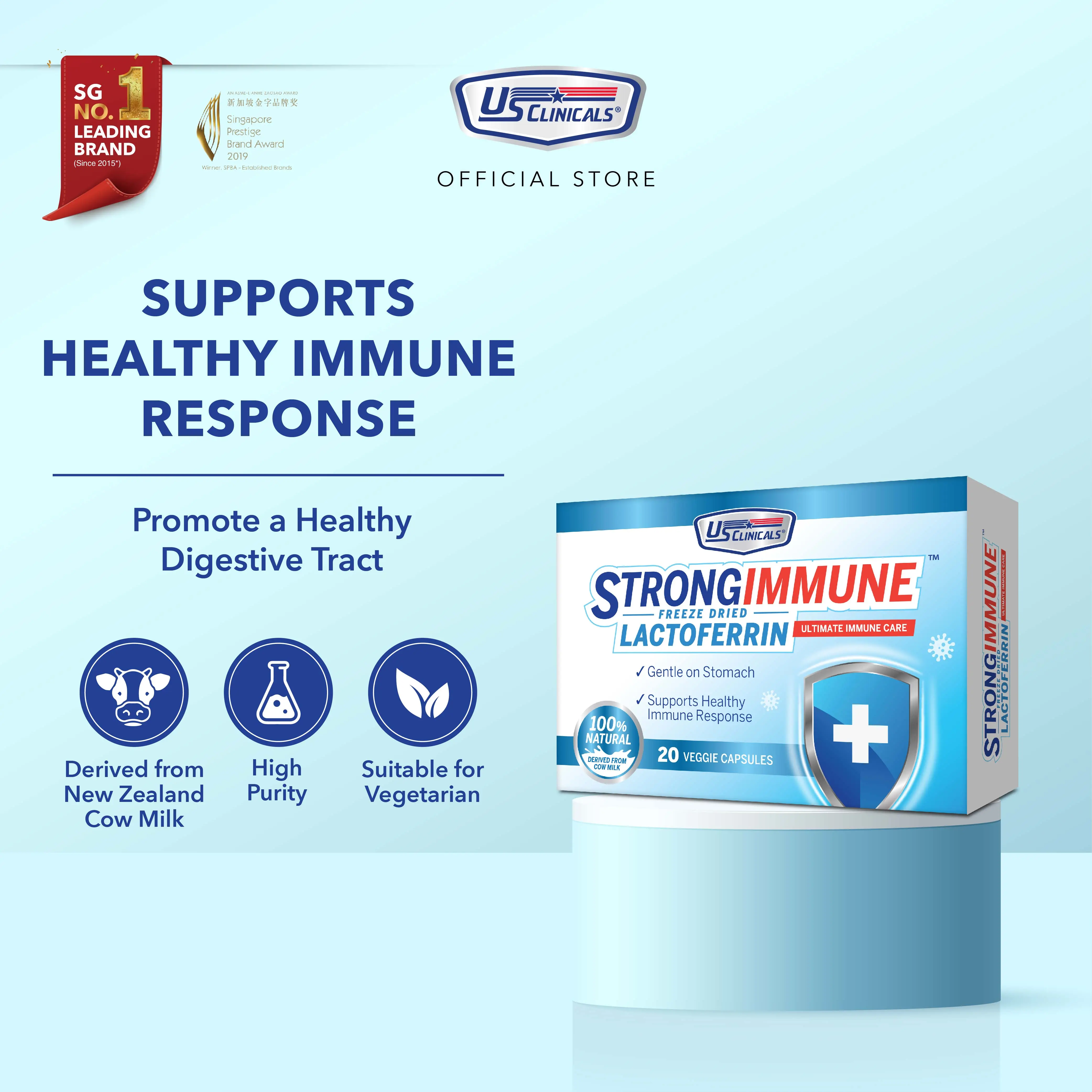 US Clinicals StrongImmune Lactoferrin 20s | Supports Immune and Gut Health | Healthcare Supplement Edible Dietary Natural Milk