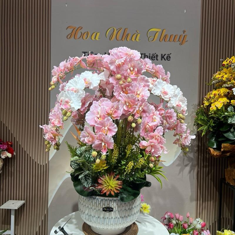   Mẫu 2026 5D-18C  Chậu hoa lan hồ điệp cao su 5D - Hoa giả cao cấp chậu sứ men mạ vàng loại cao cấp 