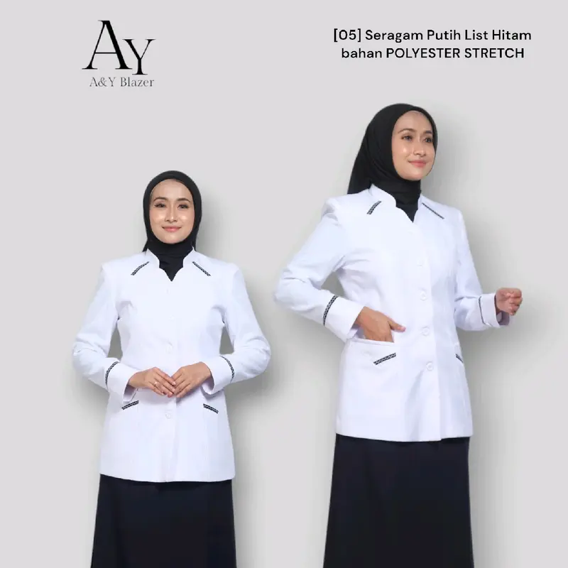 [05] A&Y Blazer Baju Seragam PDH Guru / PNS Wanita Warna PUTIH LIST HITAM | Seragam Kerja Dinas PDH PUTIH HITAM Wanita terbaru pdh  putih pppk 0