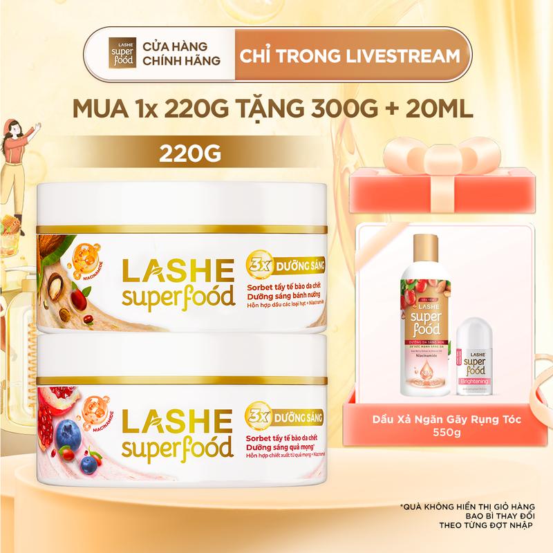   KOL BEAUTY x LASHE SUPERFOOD  Combo Kem Tuyết Tẩy Tế Bào Chết LASHE SUPERFOOD Dưỡng Sáng Da Hương Quả Mọng  Hương Bánh Nướng 220G + Sữa Tắm LASHE SUPERFOOD Dưỡng Da Sáng Mịn 300G + Lăn Hút Mùi LASHE SUPERFOOD Dưỡng Sáng Da 20ML 
