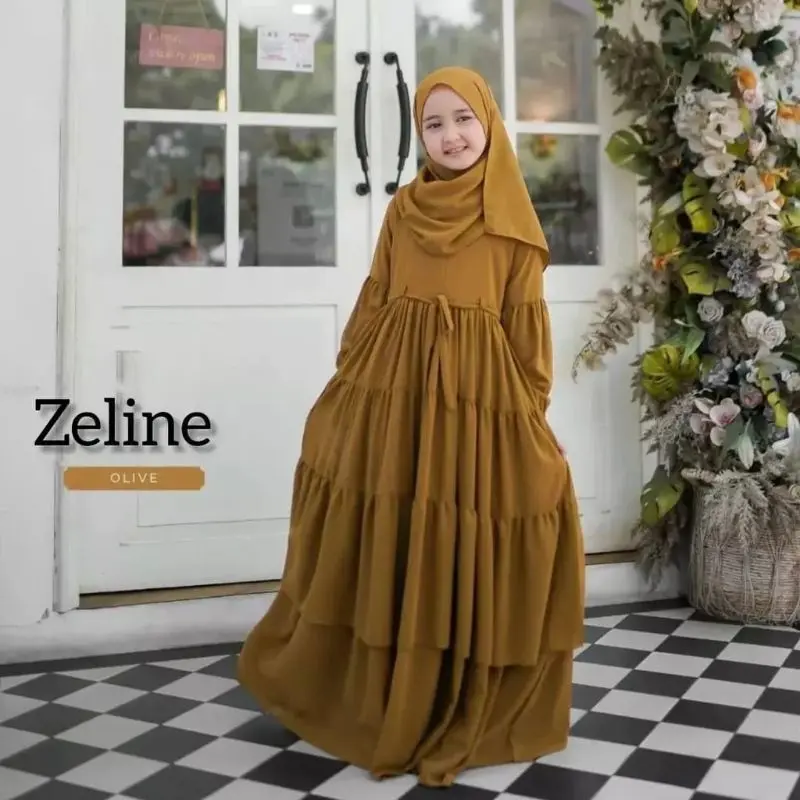 gamis anak terbaru 2025  perempuan untuk usia 11-14 tahun kids set dress plus pasmina zeline 1