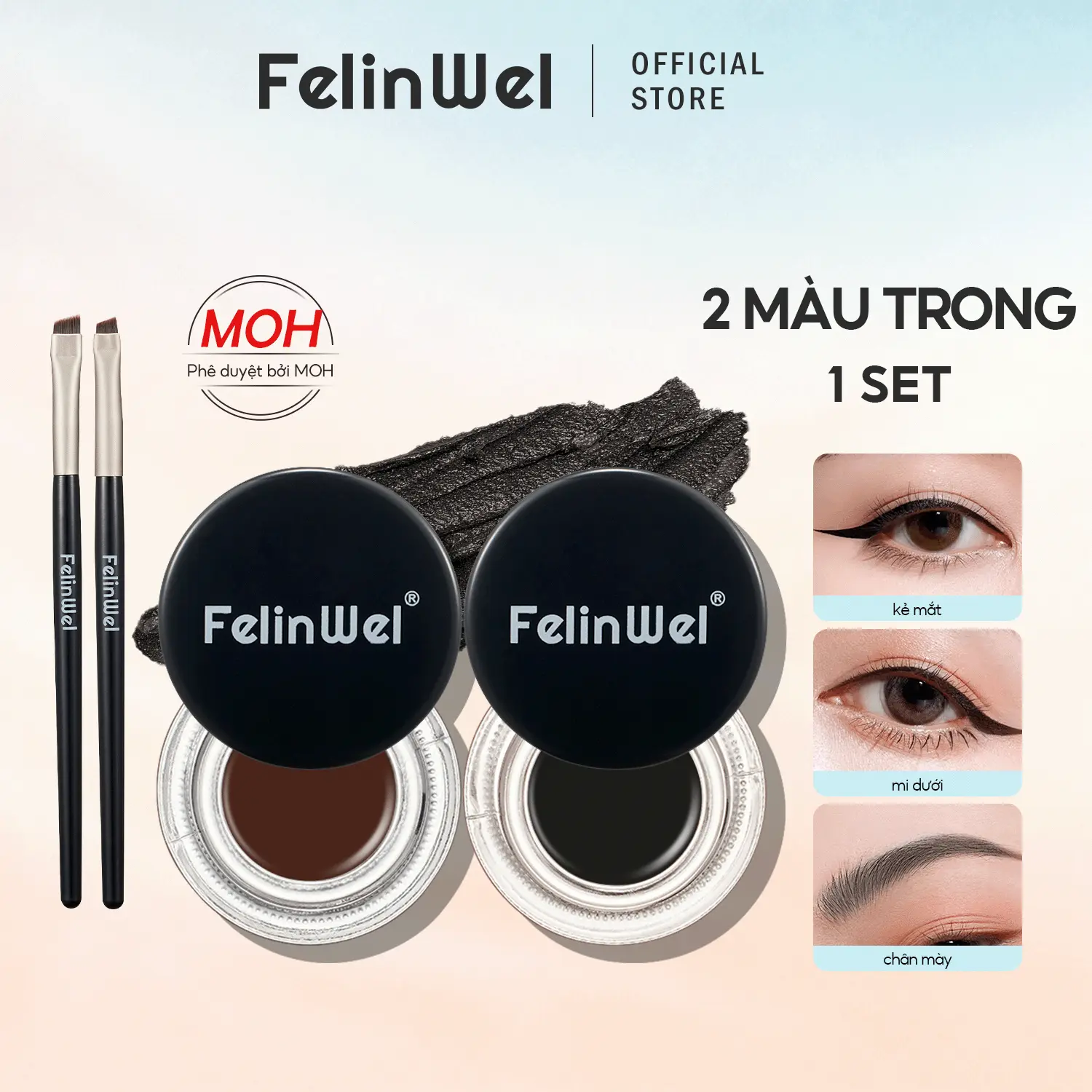 FelinWel - Bộ Gel Kẻ Mắt & Chân Mày 2 Màu Được MOH Phê Duyệt, Không Thấm Nước Lâu Trôi, Kèm Cọ Tùy Chọn
