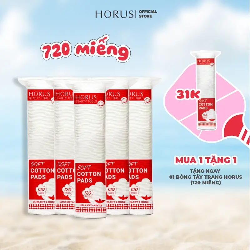 (Quà tặng 1 bông tẩy trang 120 pads)COMBO 05 bông Horus Bông tẩy trang Soft Cotton Pads 120 pads