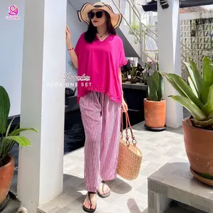 Dera One Set Daily Pajamas Kekinian Baju Hangout Wanita Tangan Pendek Lucu Atasan Celana Panjang Rayon Viscose Yayuku by Yayoe Hijab