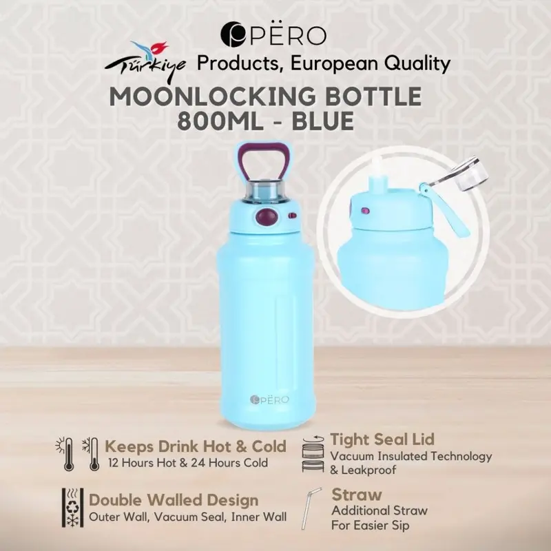 [Exclusive Willie Salim] Pero Permos Moon Locking Bottle 800ML Leakproof / Botol Minum Tumbler Vakum dengan Sedotan Tahan Panas dan Dingin Anti Tumpah 1