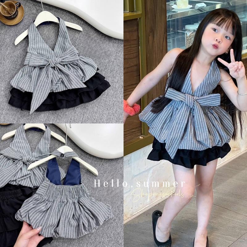 (Shopmesockids) Váy hè , Sét áo kẻ sọc cổ V thiết kế nơ eo sang chảnh mix váy đen xếp 3 tầng cho bé gái
