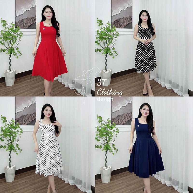 Đầm váy nữ đi tiệc đi chơi cổ vuông dáng váy xòe có dây kéo hông đính kèm ghim cài đá sang trọng bigsize 40 - 80kg mã B46
