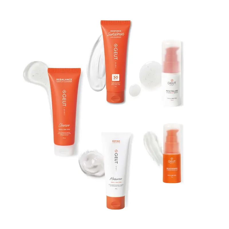 GEUT KISS Travel Set 5pcs (Paket Wajah Kulit Indah Sehat Seimbang Ukuran Travel, Cleanser + Moisturizer + Sunscreen + Serum Anti Aging) 1