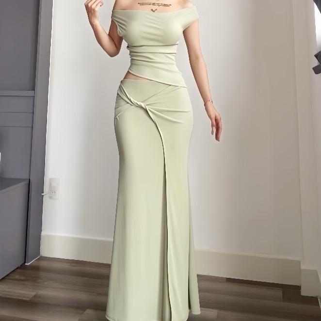  Set đầm body nữ thun tăm QC tách rời trễ vai xoắn eo dáng dài sang chảnh Lolystore dress women HL72 