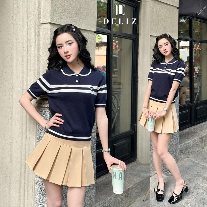DELIZ - BST MỚI - Áo len polo cổ sen ngắn tay thêu trái tim phối kẻ ngang cao cấp PL26 tiểu thư hàng