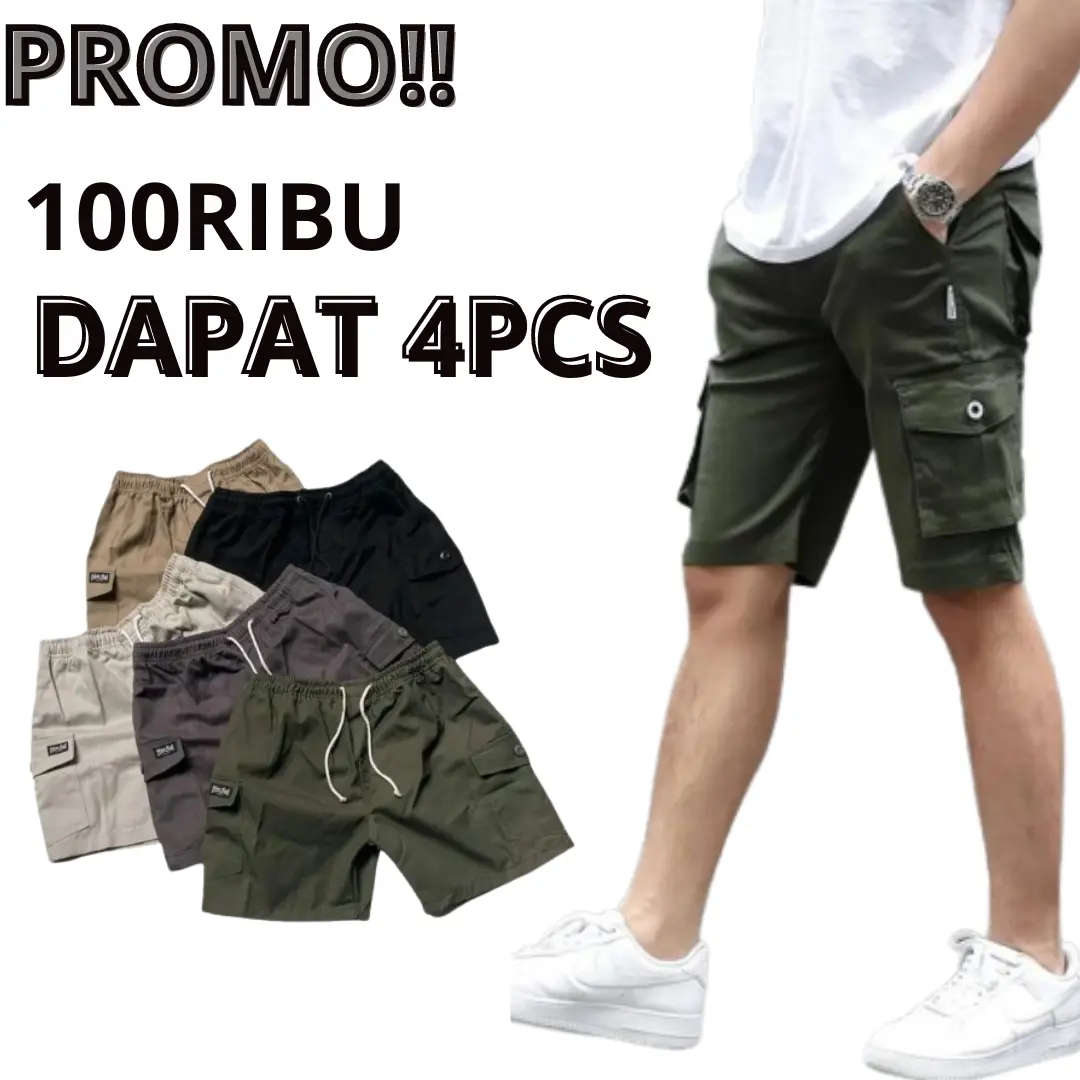 PROMO 100ribu Dapat 4Pcs Celana Cargo Pendek Pria/Wanita Nyaman Twill Santai Katun Lembut Shorts  Kantong Panjang Hitam Army