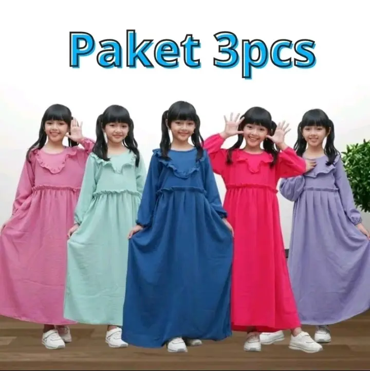 PAKET 3 PCS GAMIS VINA usia 3-10 TH gamis anak perempuan gamis anak anak dres anak perempuan gamis anak cringkel airflow