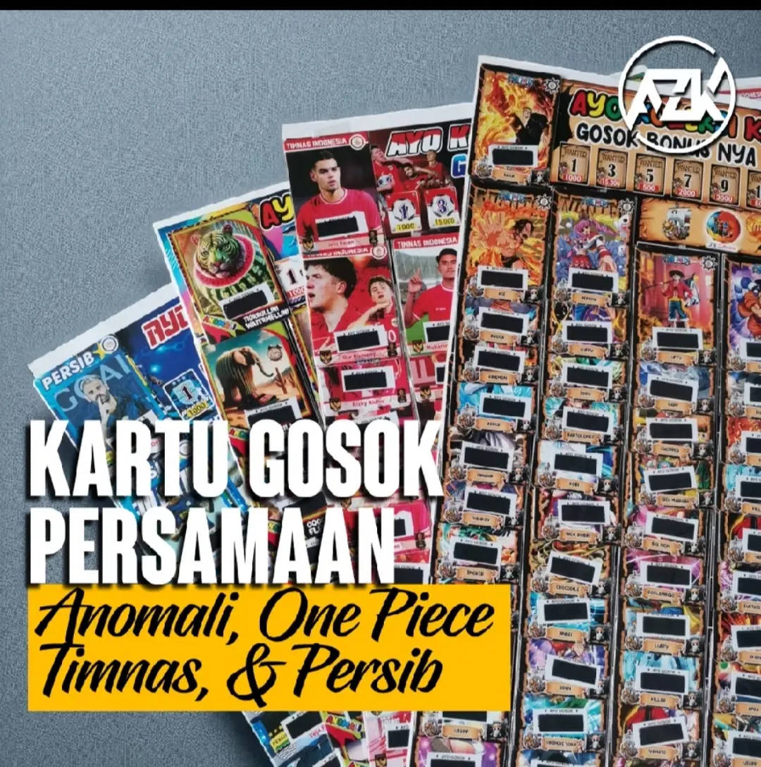 MAINAN KARTU GOSOKAN BERHADIAH BERGAMBAR / TIMNAS / PERSIB / TUNGTUNG SAHUR / ONE PIECE / 1 LEMBAR ISI 72 PCS KARTU