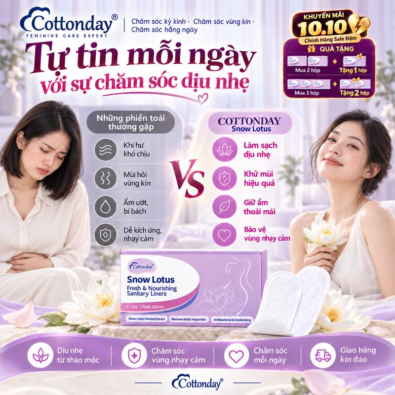 【Mua 2 Tặng 1，Mua 3 Tặng 2】Băng vệ sinh thảo dược Snow Lotus Cottonday, giúp khử mùi, kháng khuẩn, làm ấm tử cung, giảm đau bụng kinh, chăm sóc vùng kín. 160mm, gói 2 miếng.