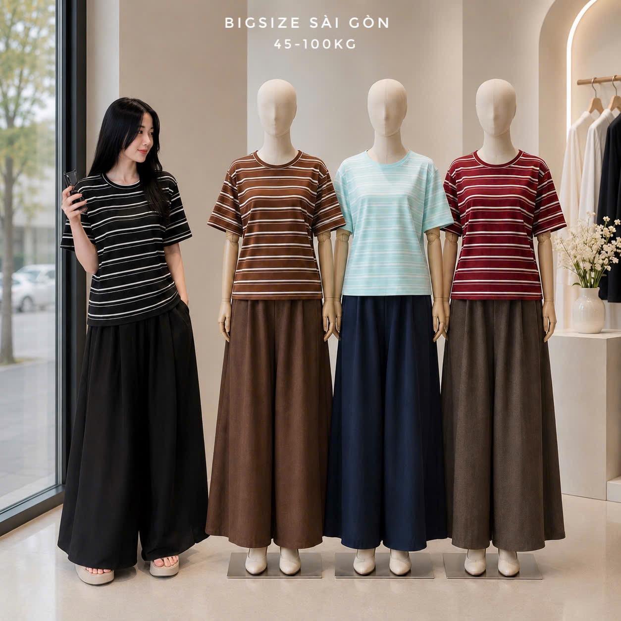 Bigsize Sài Gòn Set Bộ Nữ Bigsize Áo Sọc Cotton Form Rộng Quần Suông Che Dáng – Đi Chơi Đi Biển 45-100kg - A.1829