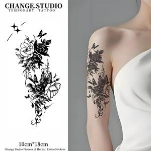 รอยสักชั่วคราว ดีไซน์แขนดอกไม้ผีเสื้อกุหลาบ ติดทนนาน 15 วัน กันน้ำ ไม่กลัวการเสียดสี สติ๊กเกอร์รอยสัก