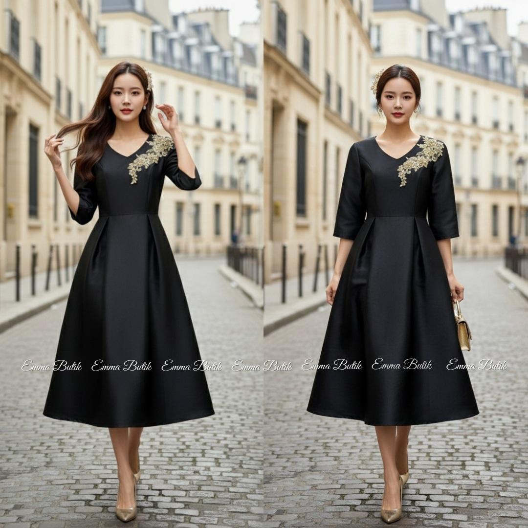 Emma.Butik E00651 Gaun Pesta Hitam Paskah Wanita Mewah Midi Dress Gereja Kondangan Elegan Formal Anggun Emma.Butik E00651 Gaun Pesta Hitam Paskah Wanita Mewah Midi Dress Gereja Kondangan Elegan Formal Anggun