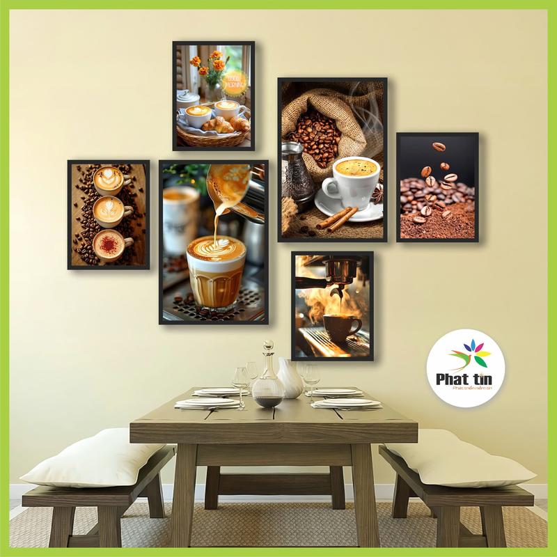 Tranh decor quán cà phê, set 6 tranh dán tường, tranh formex nhẹ, không khoan tường, xưởng in tranh Phát Tín