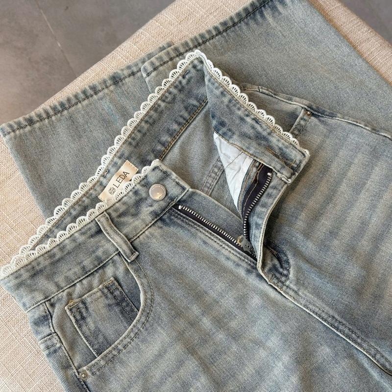 Quần Jean Ống Suông Phối Ren Lưng Cao Nữ LEDA Quần Bò Rin Ống Rộng Nấm Lùn 1m50 Dài 88-93cm