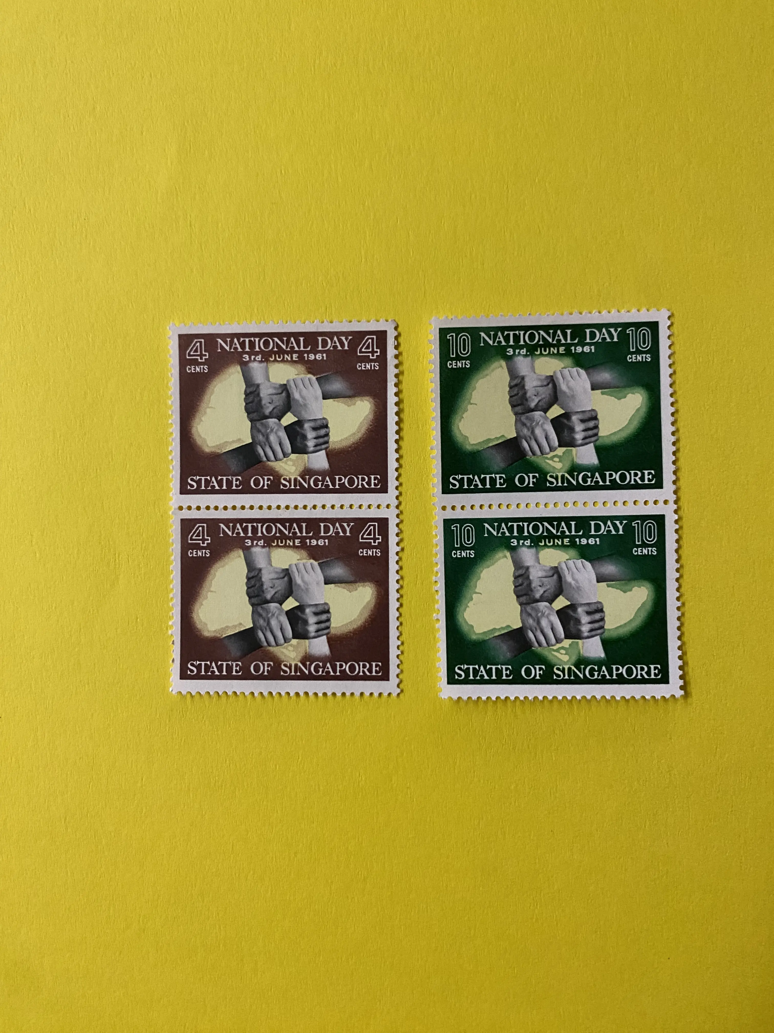 Singapore 1961 clasped hands stamps 2 blocks of 2 mint stamps each racial harmony rare collectible free delivery