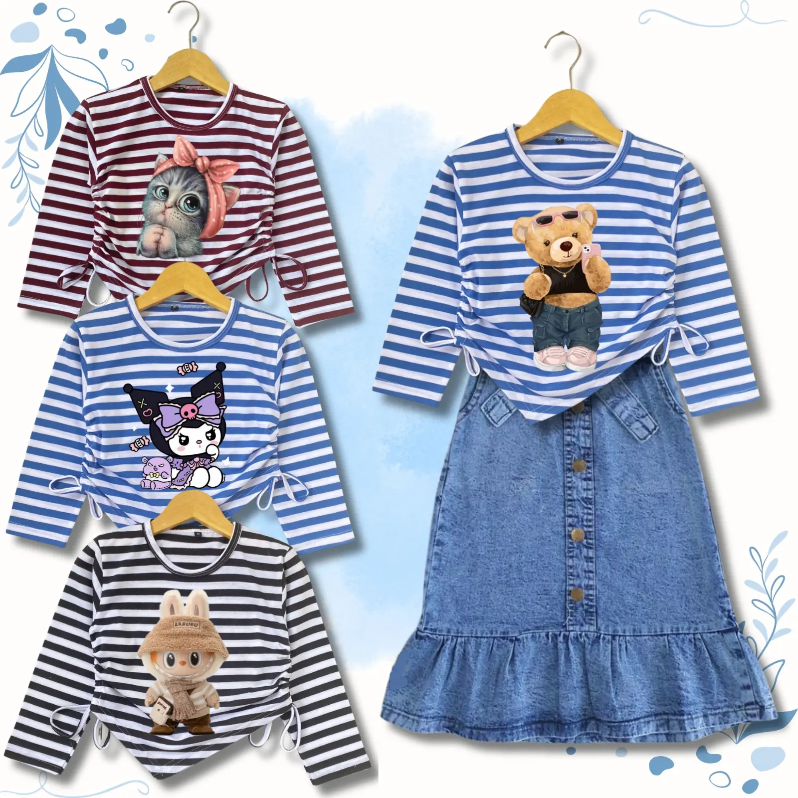 SETELAN ROK JEANS REMPEL & KAOS SALUR PANJANG SERUT 2 ANAK PEREMPUAN