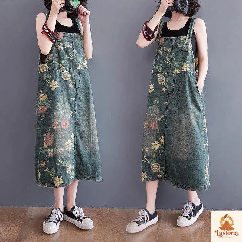 Ruffia Jumpskirt Rok Jeans Floral Retro Lastoria Fashion