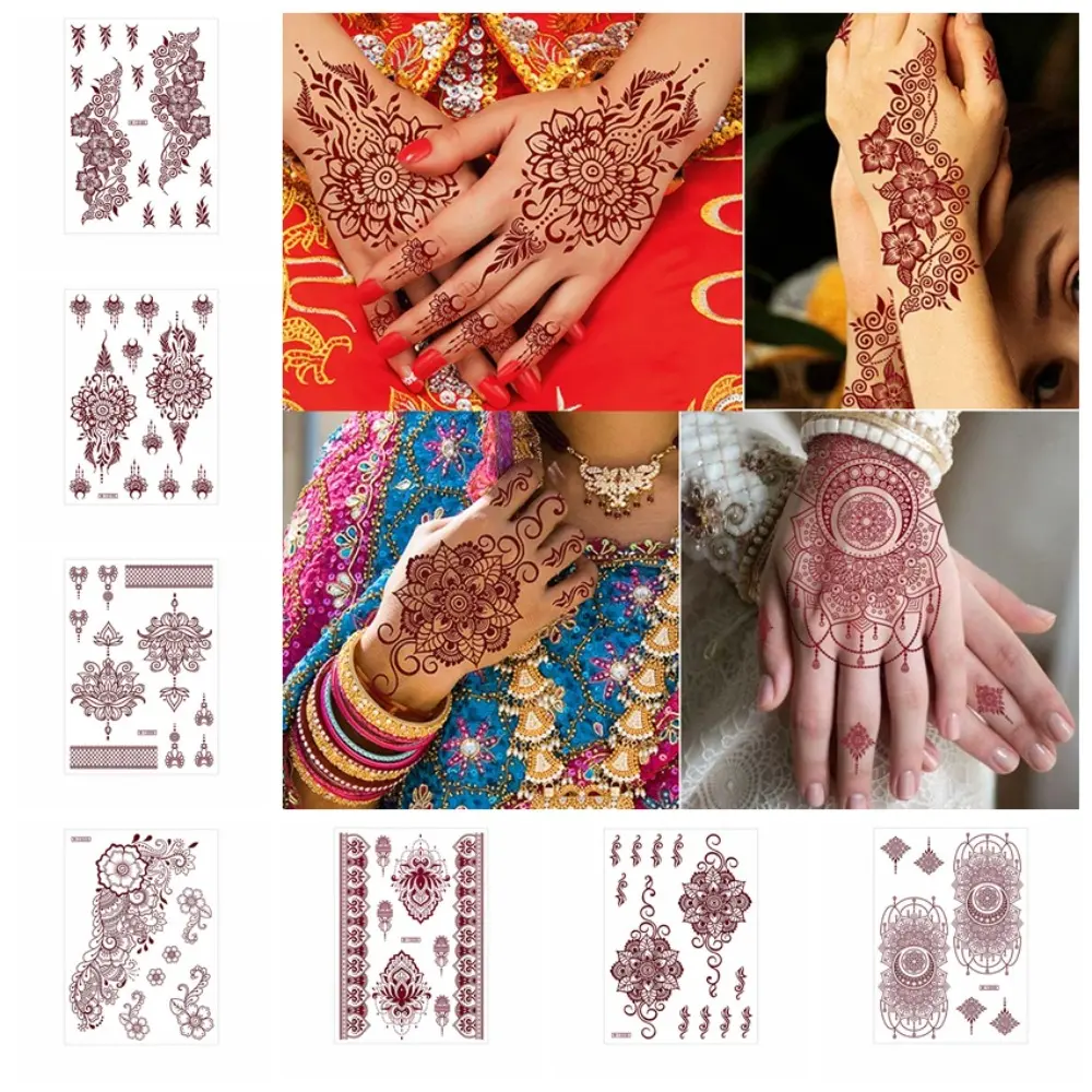 Fashion Red Mehndi Stickers Henna Tattoo Stickers Fake Tattoo for Women Water Transfer Decals Red Henna Tattoo Decals Wedding Tool Waterproof Body Art Sticker Girls