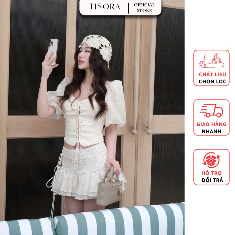 Sét bộ áo cổ vuông tay phồng + chân váy xòe có lót quần đi biển, đi tiệc, dạo phố - Màu sắc: Be, Hồng, Đen - Size S, M, L TISORA