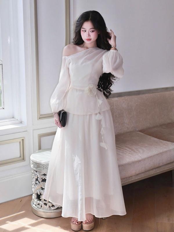 Set áo kèm chân váy lệch vai tay bồng voan tơ nến cao cấp phong cách sang trọng tiểu thư size S M L S142