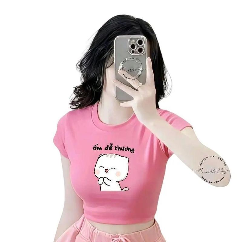 Áo Thun Croptop Basic Form Ôm Body Nữ Cổ Tròn Tay Ngắn In Hình Ốm Dễ Thương Style Cat Cute - Thời Trang Nữ Xinh Dễ Thương Tôn Dáng Dễ Phối Đồ Mặc Nhà Đi Học Đi Chơi Tết 2026