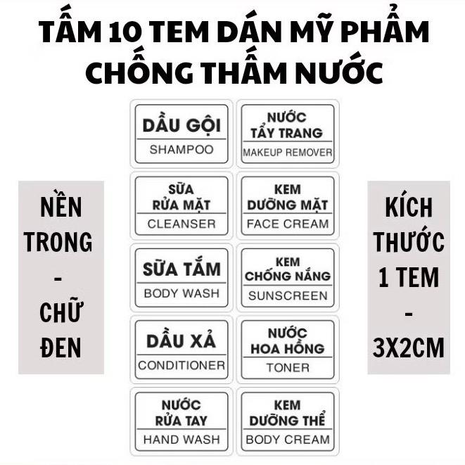 Tấm 10 Tem Dán Mỹ Phẩm Trong Suốt Chống Nước Decal Chai Lọ Dán Dầu Gội Sữa Tắm…