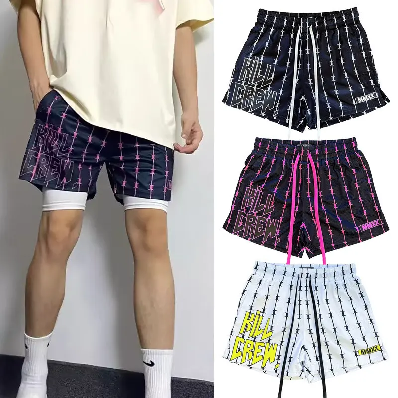 2024 New Street Style Striped Mesh Shorts Casual Trend Hip Hop Sports Basketball Printed Short Pants Navy Purple Black White