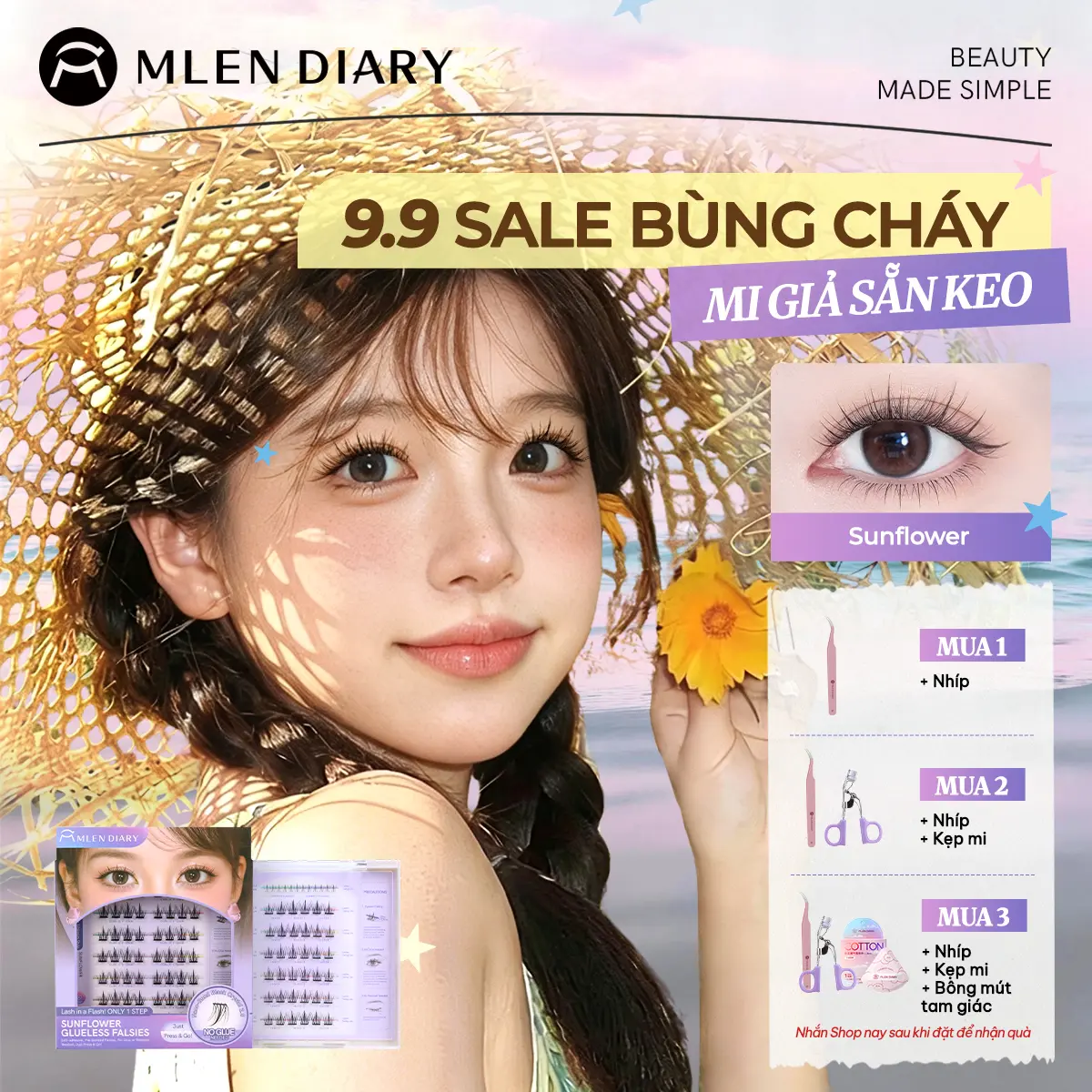 Mlen Diary - Mi Tự Dính, Mi Giả, Mi Sẵn Keo Pha Lê Đen, Dán Nhanh, Tiện Lợi, Mềm Mại, Mi Cụm Dễ Dùng, Mi dưới tự dính, Tự Nhiên, Sợi Mi Mảnh, Có Thể Sử Dụng Được Nhiều Lần