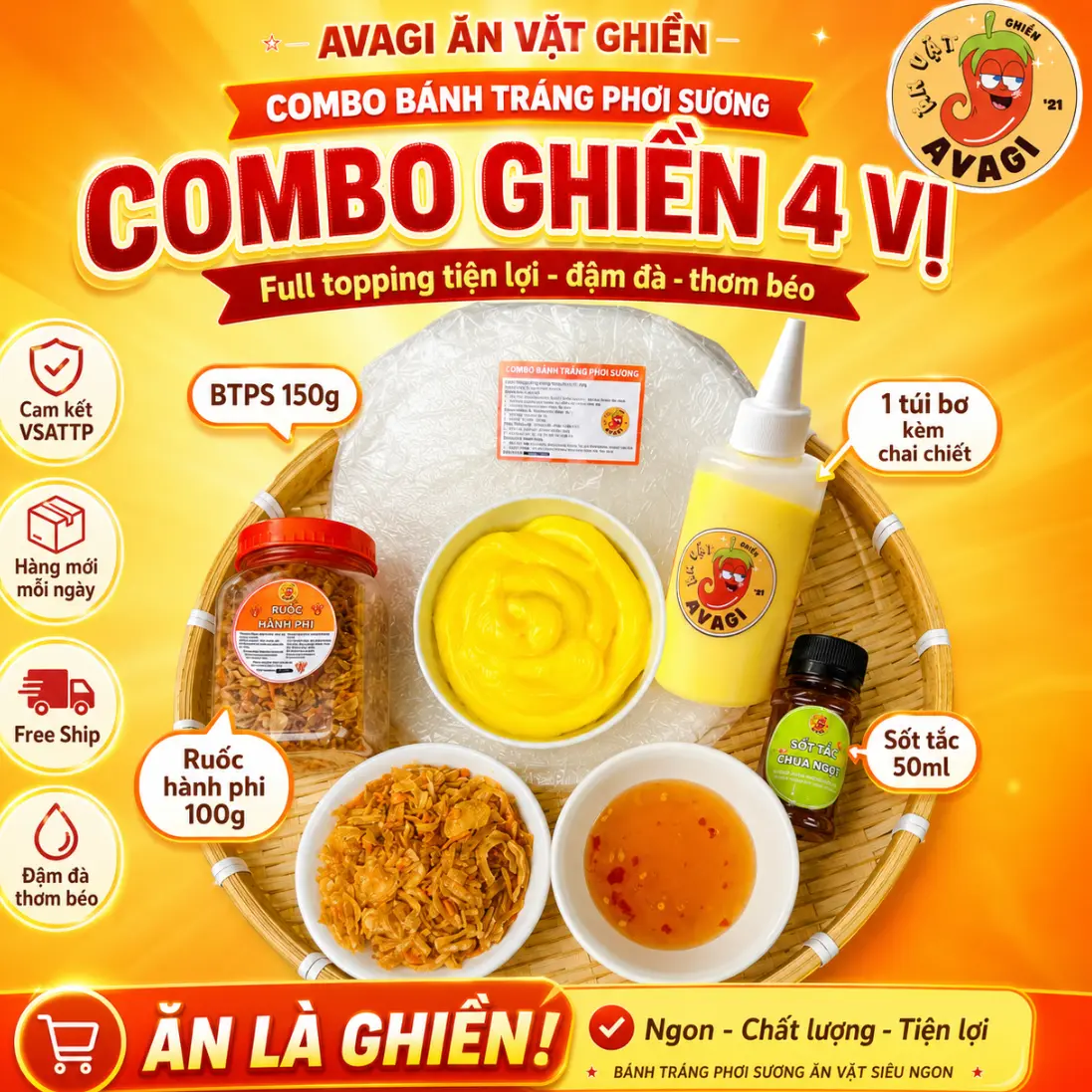 Combo 4 vị Ghiền (Bánh tráng, ruốc to, bơ, sốt tắc) Đồ ăn vặt Snack Food Thức Ăn