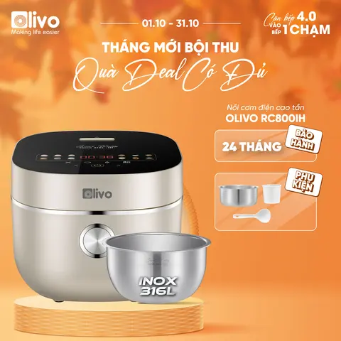 Nồi Cơm Điện Cao Tần OLIVO RC800IH 1.5L - Lòng Nồi Inox 316L, Công Nghệ Smart Heating, 14 Chế Độ Cài Sẵn, Bảng Điều Khiển OLED, Bảo Hành 24 Tháng, Chính Hãng