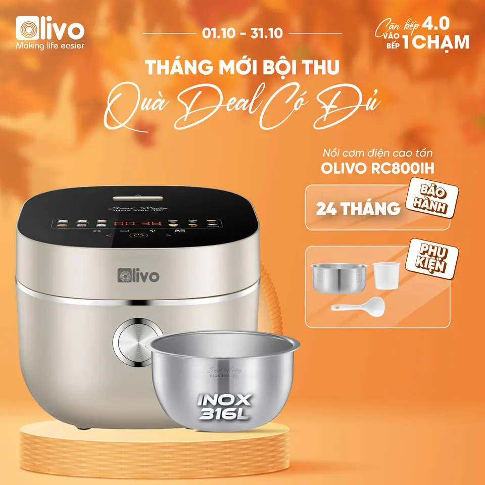 Nồi Cơm Điện Cao Tần OLIVO RC800IH 1.5L - Lòng Nồi Inox 316L, Công Nghệ Smart Heating, 14 Chế Độ Cài Sẵn, Bảng Điều Khiển OLED, Bảo Hành 24 Tháng, Chính Hãng