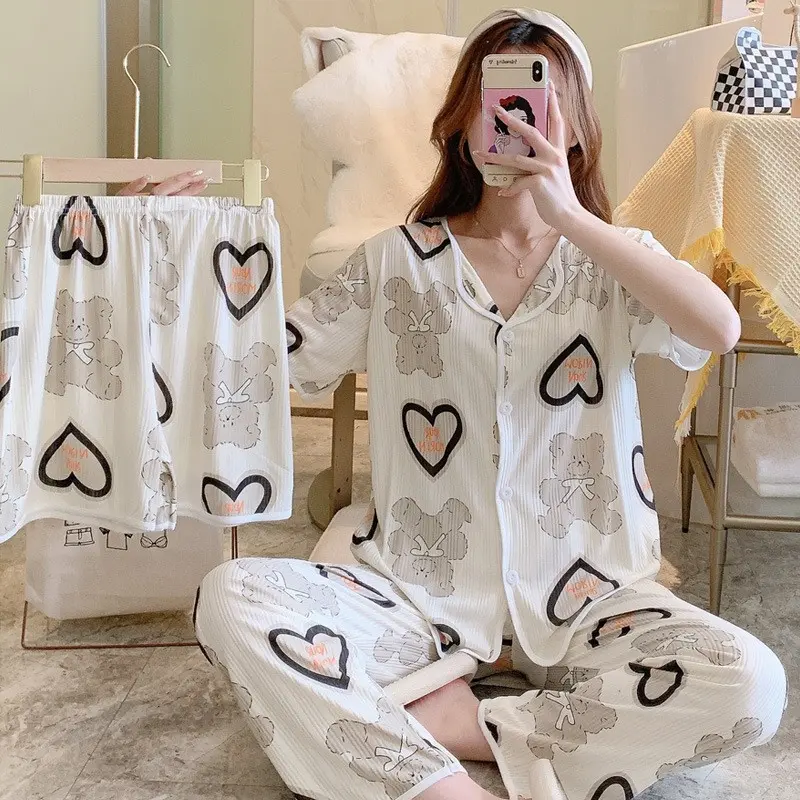 MP Piyama Wanita Import Baju tidur Perempuan 3IN1 Baju Lengan Pendek Model Kekinian Korea Style 001