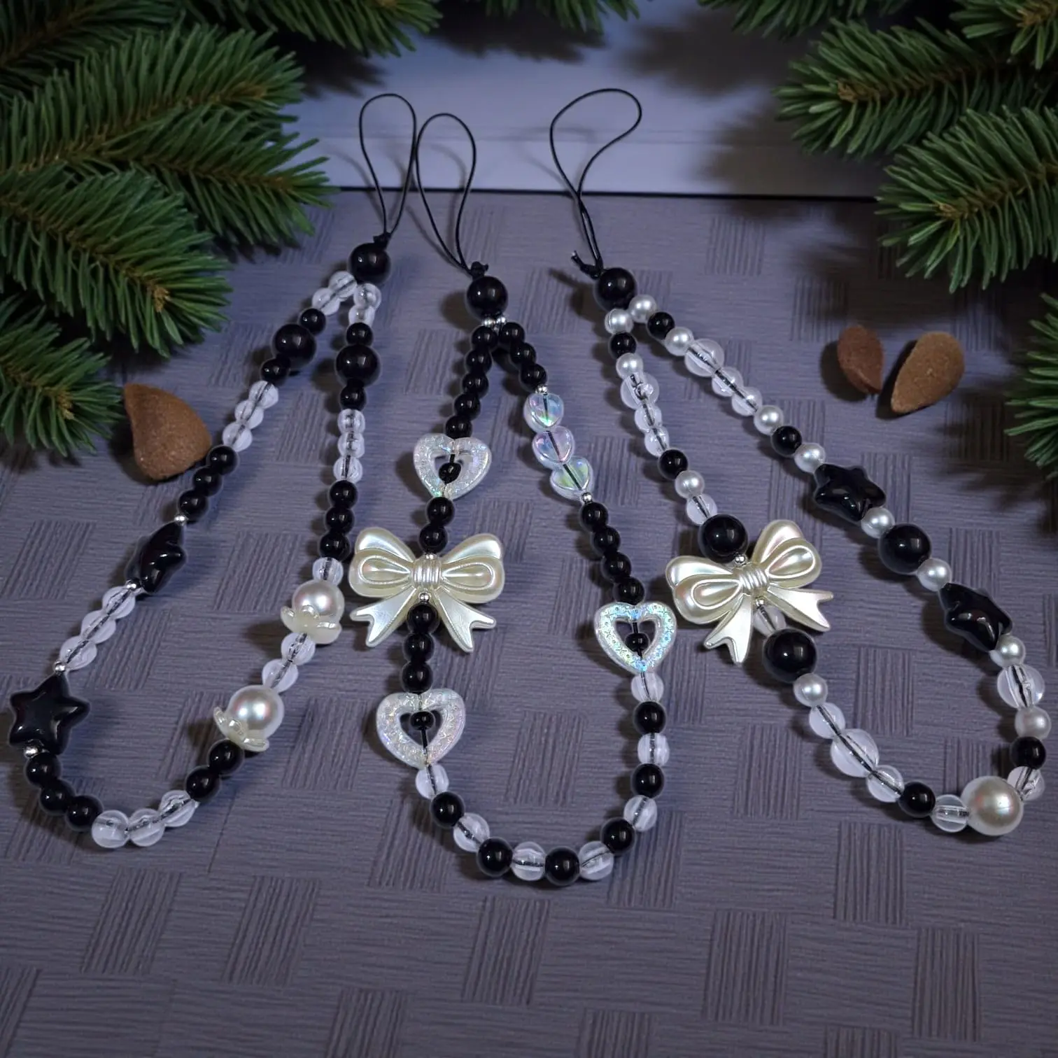 Tali Gantungan Hp Cute Cantik / Hiasan Kunci Tas Lanyard Manik Pita Korean Style Aksesories Ponsel G-003 Hitam