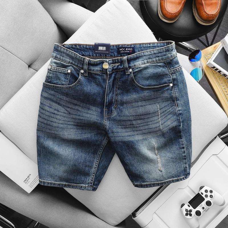  Quần short jean nam xanh rêu bụi slimfit ngang gối ôm dáng nhẹ co giãn Menswear Pants 