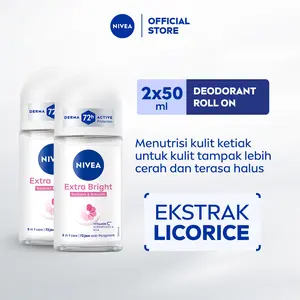 (PAKET HEMAT ISI 2) NIVEA Deodorant Antiperspirant Roll On Extra Bright Radiant & Smooth 50ml - Deodoran wanita mencerahkan ketiak brightening glowing wangi segar seharian anti bau badan keringat - Vit C, Ekstrak Licorice, 0% alkohol cocok semua kulit