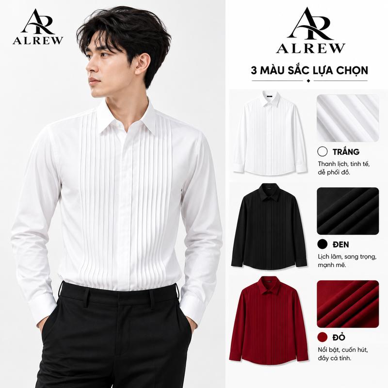 Áo Sơ Mi Nam Dài Tay Xếp Ly Trước Ngực, Áo Sơ Mi Nam Công Sở Form Đẹp Thanh Lịch, Màu Trắng Đen Đỏ