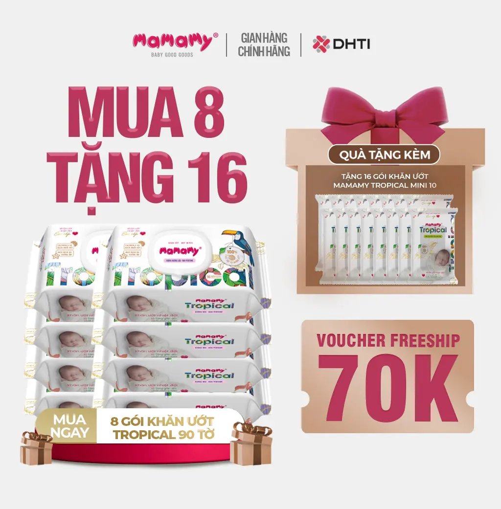 [MUA 8 TẶNG 16] MUA 8 gói khăn ướt Mamamy Tropical 90 tờ cao cấp chính hãng cho mẹ và bé, sợi vải thuần tự nhiên và rayon, x2 chất chống hăm, bổ sung tinh chất thiên nhiên TẶNG 16 gói khăn ướt Mamamy Tropical mini 10 tờ tinh dầu cúc vạn thọ