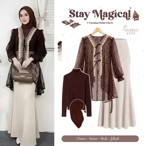 Outfit Lebaran 2026 Mahogany (Outer Brokat Miza, Inner, Rok Duyung, Jilbab Bella) One Set Kondangan Lamaran 4in1 - AV28